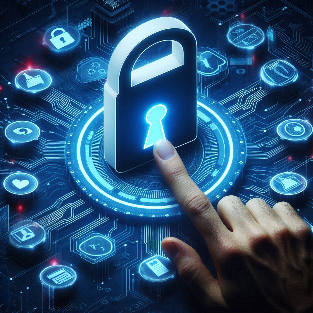 A lock with a keyhole, a finger poking the object.